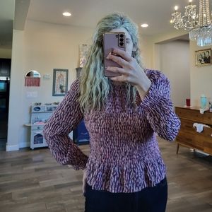 Rebecca Taylor Long Sleeve Batik-Ruched Mirage Top, Pink Ruffled Hem Size 4